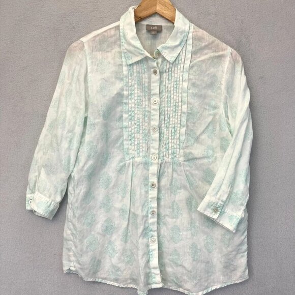 J. Jill 100% Linen Pleated Button Up Blouse Petite Small PS Easter Pastel Green - Picture 1 of 11